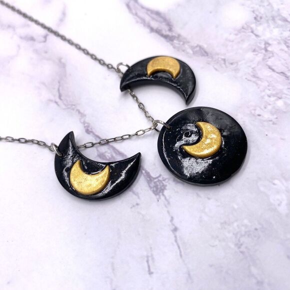 Black and Gold Moon Phase Celestial Sterling Silver Necklace - Picture 6 of 9
